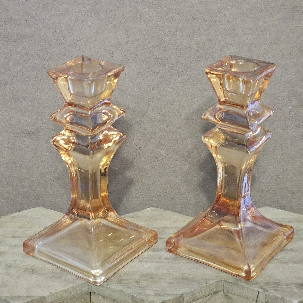 Stunning Franco Creazioni Exclusive Peach/Salmon Glass Candle Holder Set Italy - Picture 2 of 10